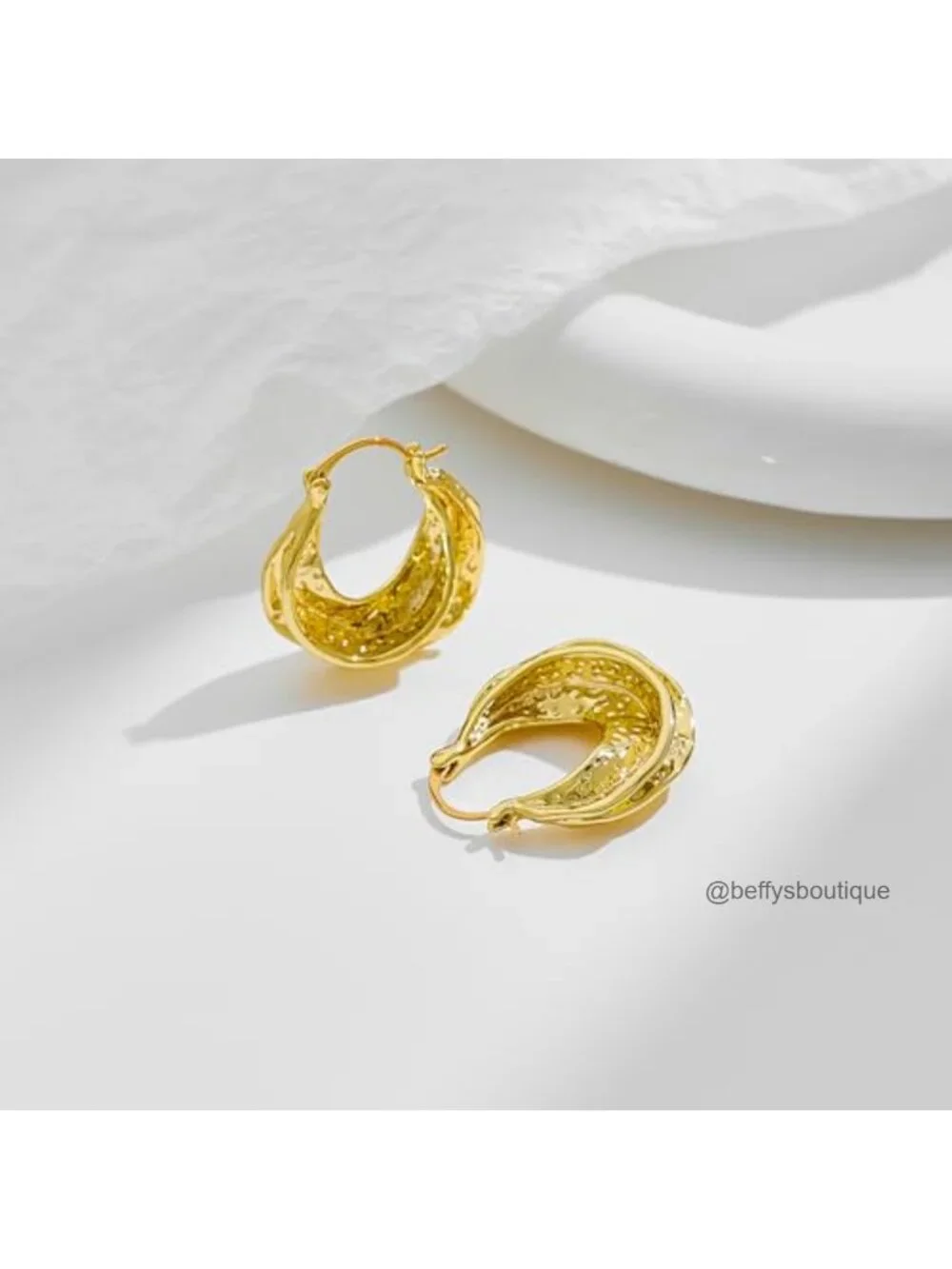Chunky Hoop Earrings 14K Gold Plated Hammered Texture Thick Wide Hoops